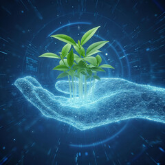 Translucent Digital Hand Holding Vibrant Green Sprouts:
Visualizing the Fusion of Advanced Technology and Nature, Symbolizing Growth and Innovation in a Futuristic Setting