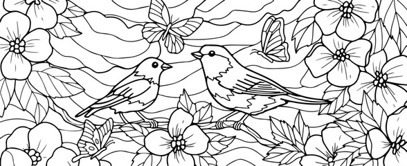 Birds on the branches with flowers coloring page vector illustration