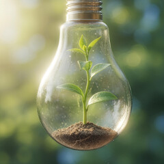 Light Bulb with a Vibrant Green Sprout Growing Inside:
Visualizing Sustainable Growth, Creative Energy, and Environmental Renewal in a Fresh, Natural Setting