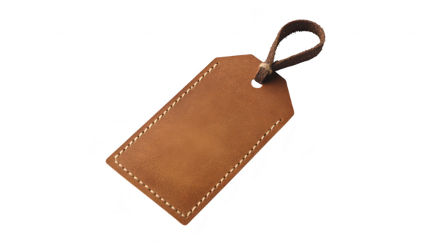 A close-up of a brown leather tag with a stitched border and a looped strap. placed on a clean white background. its texture and craftsmanship. ideal for product labeling or branding - Powered by Adobe