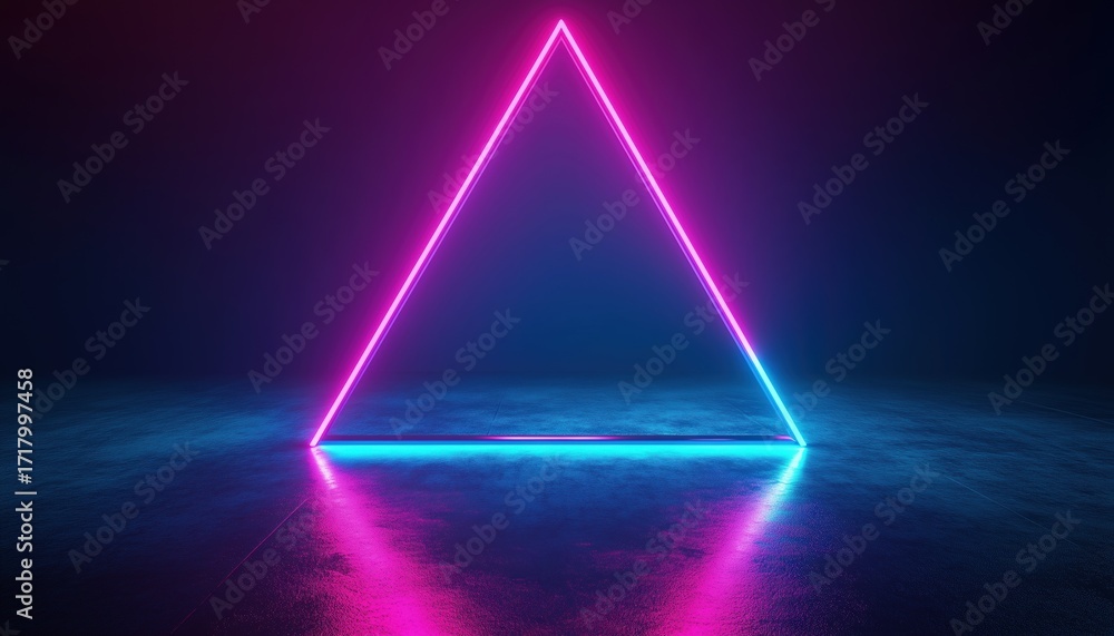 Poster glowing neon double triangular frame with shimmering effects on dark background. empty illuminated t