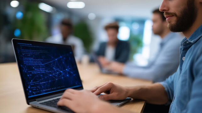 Blockchain developer building secure smart contracts for decentralized finance platforms in a collaborative workspace laptop displaying generic programming code and decentralized