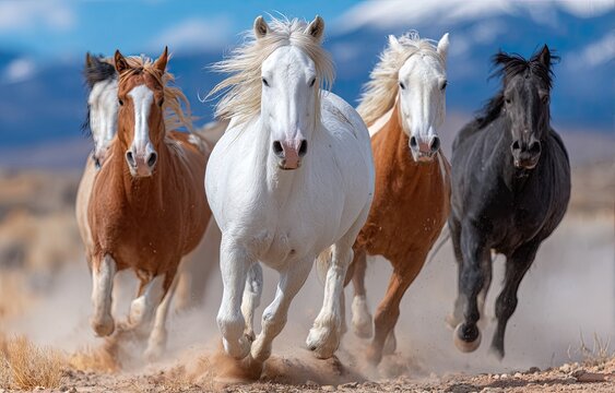 a herd of horses galloping across the desert, their hooves kicking up dust clouds against a backdrop of blue sky.