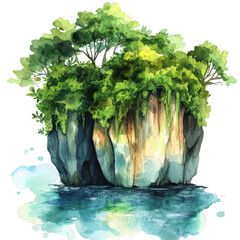 A serene watercolor illustration of a lush. green island surrounded by calm waters. foliage and natural beauty. perfect for nature-themed projects or backgrounds