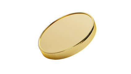 A shiny gold coin is tilted on a clean white background. its smooth surface and edge. symbolizing wealth and value. ideal for financial themes or investment concepts