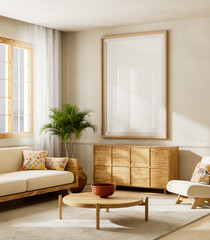 Modern minimalist interior living room with neutral decor and mock up poster frame. 3D illustration