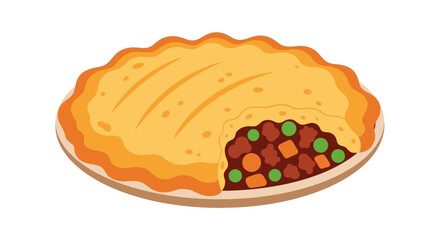 Illustration of a savory pie with a golden crust and a portion cut out, revealing a filling of meat and vegetables.
