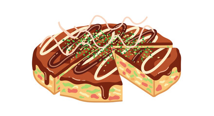 A delicious, beautifully presented okonomiyaki, a savory Japanese pancake, with toppings.