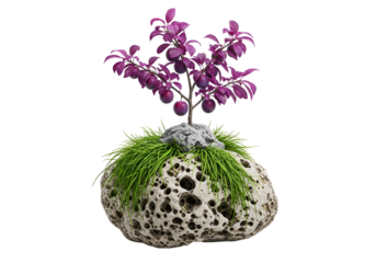 A miniature plum tree, vibrant purple leaves and fruit, rests on a textured, light gray rock, a serene and isolated scene.