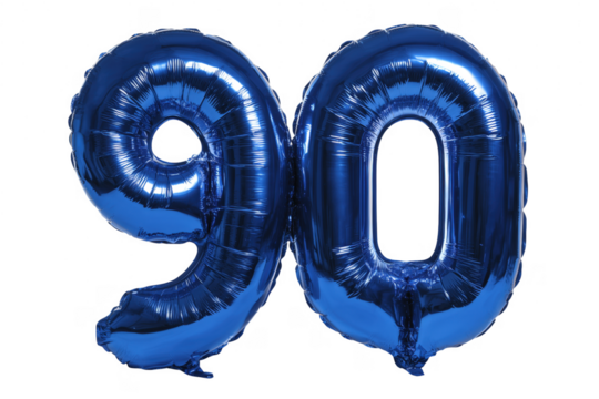 Shiny blue foil balloons displaying the number ninety celebrating milestone achievements