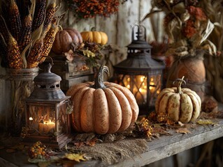 cozy autumn vibes: hyper-realistic halloween pumpkins, dried cornstalks, and lanterns – perfect for festive farmhouse decor or a cozy atmosphere poster!