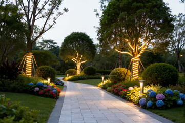 Fototapeta premium A tranquil serpentine garden path illuminated by modern light poles. Lush trees and pink flowers surround it. Isolated on a white background. 