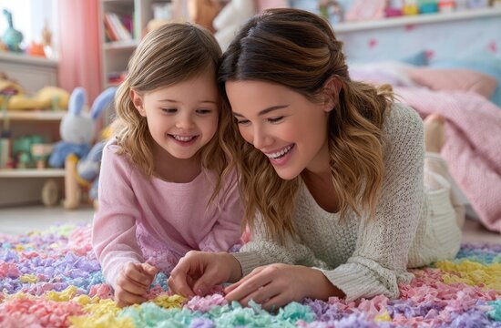 a mother and her child playing with colorful paper pieces on the floor of their bedroom, creating an interactive puzzle together
