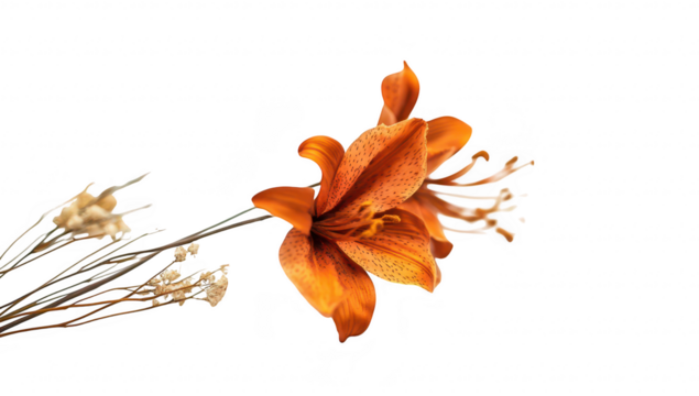 A orange lily flower elegantly positioned alongside delicate dried flowers on a soft white background. creating a serene and aesthetic composition ideal for floral arrangements or nature-themed decor