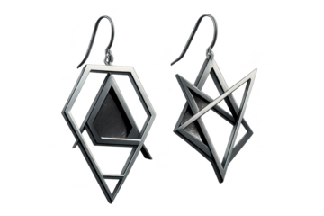 Elegant geometric silver earrings isolated on transparent background, jewelry