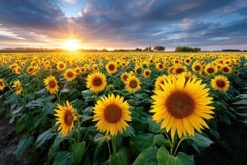Obraz premium Sunflowers at Sunset in a Vast Field