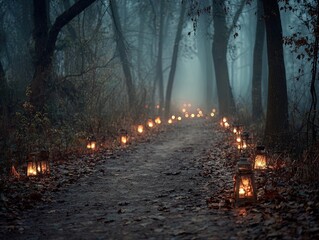 enchanting spooky forest path: a cinematic stock photo for mysterious interior decor, perfect as a poster for halloween-themed spaces