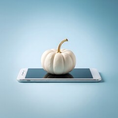 Minimalist Autumn White Pumpkin Resting on a Smartphone Displaying a Soft Blue Gradient Background and Subtle Shadowing