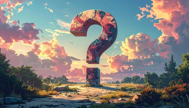 Question Mark Pixelated Mosaic Structure on Grassy Plain Under Dramatic Sunset Sky