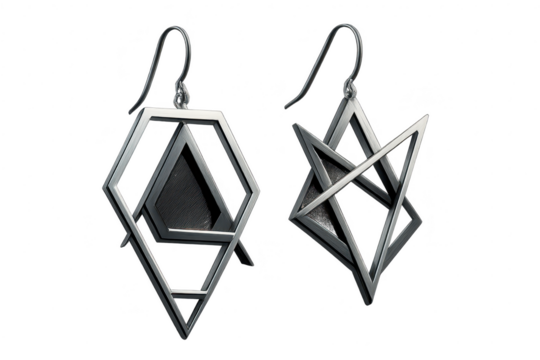 Elegant geometric silver earrings isolated on transparent background, jewelry