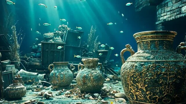 Sunlit underwater scene of ancient treasures