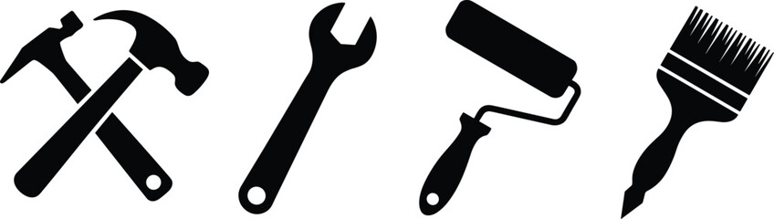 Tool silhouette icons, construction and painting set, black and white design, wrench and hammer symbols, paint roller vector, isolated DIY graphic elements
