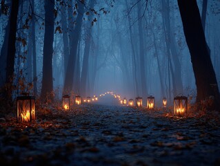 enchanting spooky forest path: a cinematic stock photo for mysterious interior decor, perfect as a poster for halloween-themed spaces