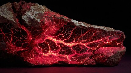 Glowing red vascular patterns preserved in fossilized bone under ultraviolet light, revealing intricate biological history.