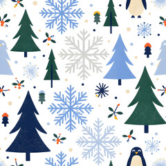 Obraz premium Festive winter pattern featuring snowflakes, trees, and adorable penguins.