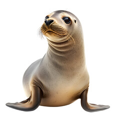 Fototapeta premium A detailed portrait of a young sea lion with spotted fur isolated on transparent background