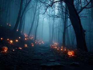 enigmatic haunted forest trail: a cinematic scene with glowing pumpkins, perfect for spooky home décor or halloween-themed interior posters