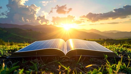 Open Book on a Hillside at Sunrise A Story Unfolding in Nature's Embrace
