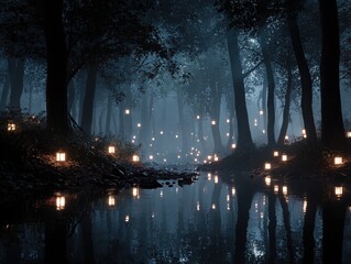 enigmatic haunted woodland: a cinematic wide shot of shadows, mist, and glowing lanterns perfect for sporty interior posters or dark-themed decoration