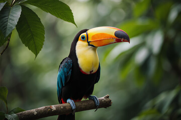 Fototapeta premium Vibrant toucan perched on a branch, showcasing striking yellow-orange beak, black and blue plumage, and lush green foliage background.