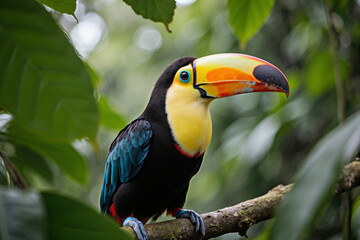 Naklejka premium Vibrant toucan with black feathers, blue wings, yellow throat, and striking orange-yellow beak, perched on a branch amidst lush green leaves.
