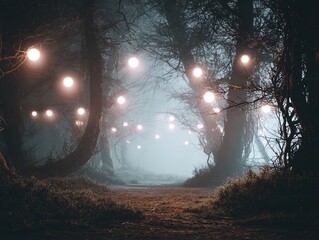 enchanting haunted woodland passage with glowing light orbs and mist - perfect for sports interior posters and cinematic decor