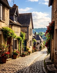 Fototapeta premium Quaint European village street lined with charming houses