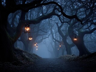 eerie twisted trees and glowing lanterns: a spooky misty woodland pathway perfect for cinematic posters and atmospheric interior decor