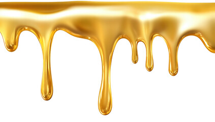 A close-up view of golden liquid dripping from a smooth surface. its glossy texture and color against a clean white background. ideal for culinary or artistic applications