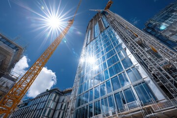 Fototapeta premium Modern skyscraper under construction with crane and sun