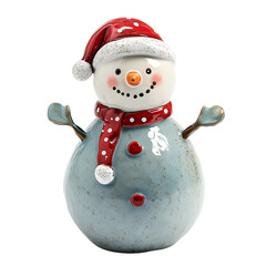 Charming ceramic snowman with red scarf and hat isolated on transparent background