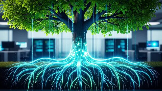 Vibrant digital tree with glowing roots symbolizes growth, innovation, and data in a modern office