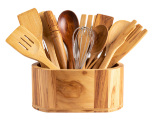  Assorted Kitchen Utensils in Wooden Holder, Angled Side View, Isolated