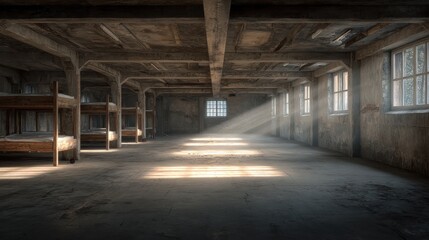 Abandoned Barracks Interior with Sunlight and Bunk Beds.