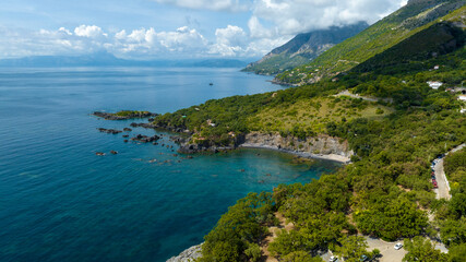 Aerial view of the coast of Lucania near Maratea, in the province of Potenza, Basilicata, Italy....