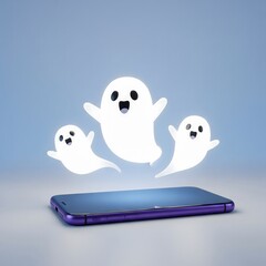 Spooky ghosts appearing from a smartphone screen with a soft blue background creating an ethereal atmosphere