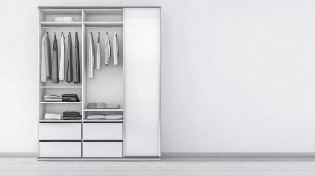Modern white wardrobe with clothing essentials. Clean interior design and minimal aesthetic.