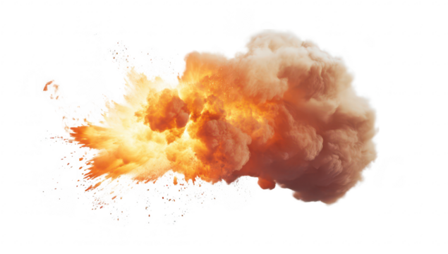 A dramatic explosion of orange and yellow smoke and debris. creating a visually striking effect against a white background. suitable for action. destruction. or creative projects
