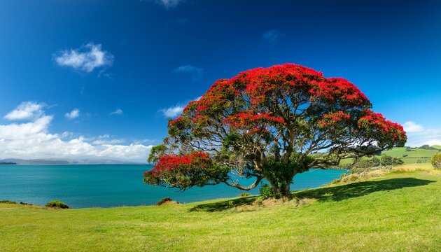 Pohutakawa Tree Flowering In Summer In New Zealand On A Blue Sky Sunny Day