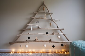 A Stunning Driftwood Christmas Tree Adorned with Elegant and Minimalist Ornaments, Creating a Rustic and Chic Holiday Atmosphere.